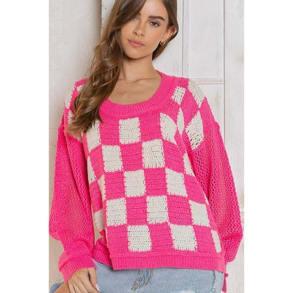 POL Catching Feelings Checkered Sweater in Pink/White FST250A